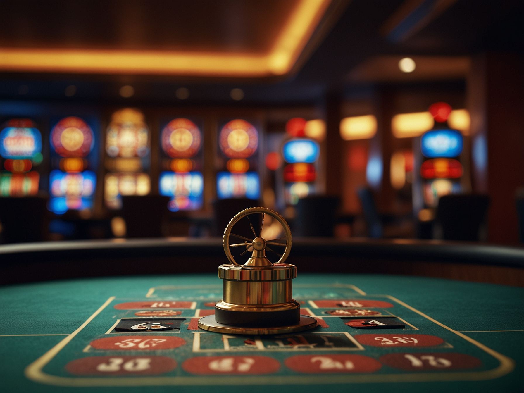Mesa de ruleta con ficha en el número 7 y pantallas de tragamonedas